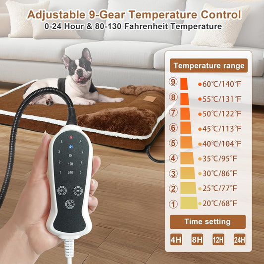 Heated Dog Bed, 30×20 Inch Memory Foam Pet Bed, Orthopedic Dog Bed with Timing Nine Gears Smart Switch for Small and Medium Dogs Soft, Removable Cotton Sleeve