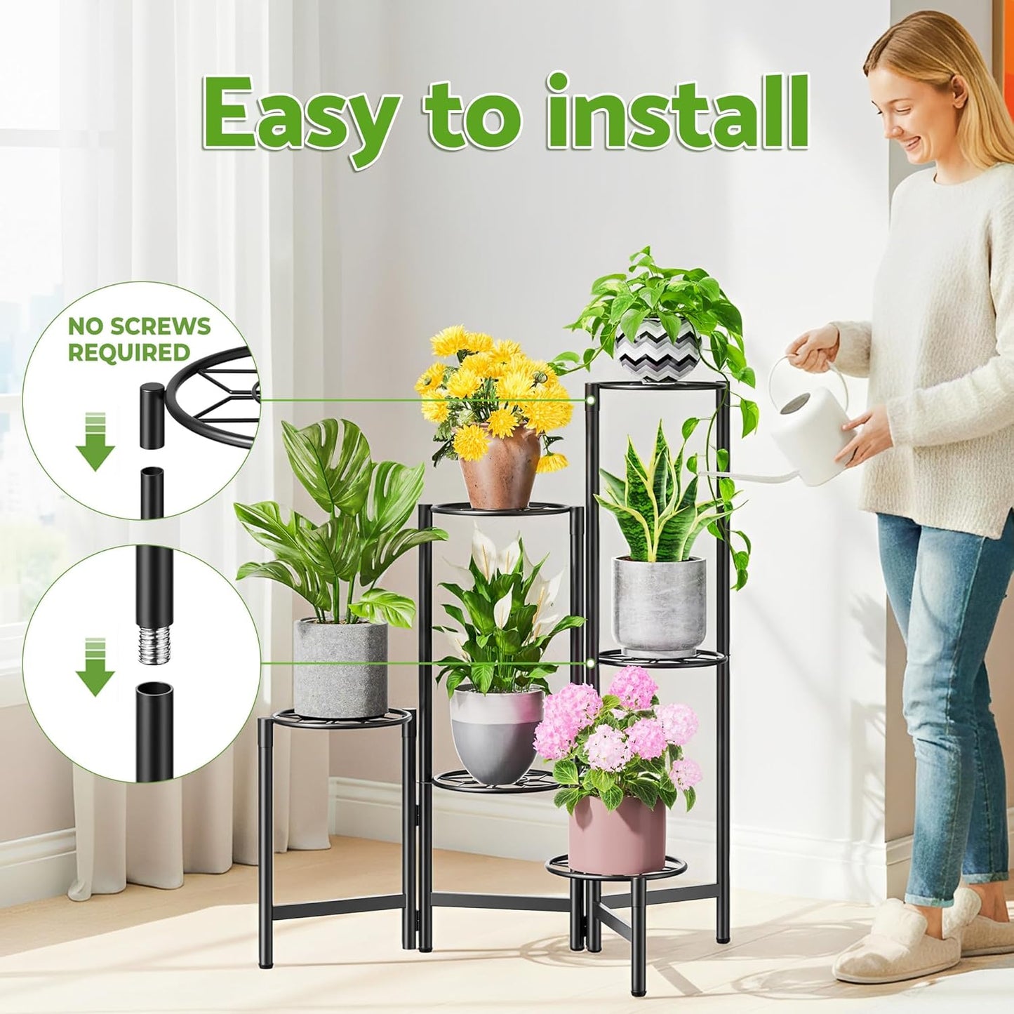 6 Tier Metal Plant Stands Outdoor Indoor, Heavy Duty Flower Pot Holder Potted Display Rack Shelf, Tall Corner Plant Shelf for Patio Garden Balcony Living Room Bedroom -BlackDiamond