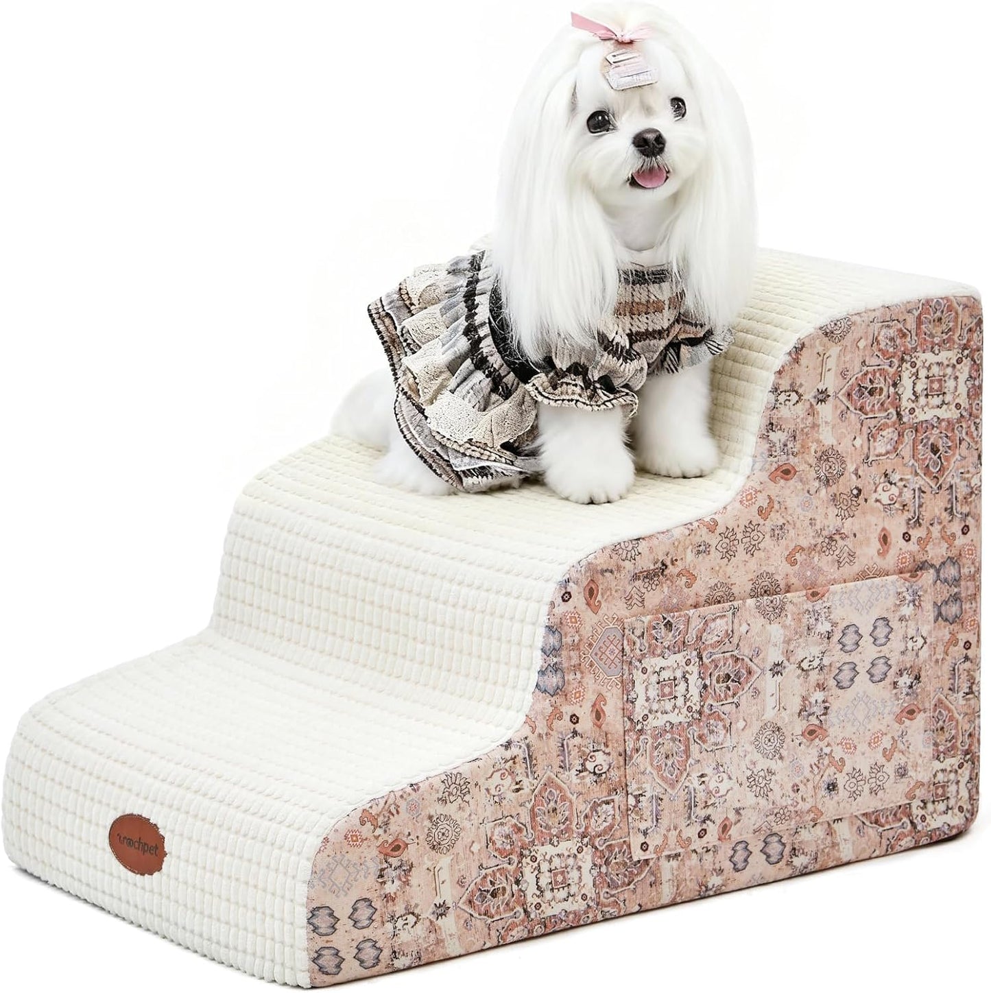 15.7” H Ramp Dog Stairs for Small Dogs, Printed Fabric 3 Tier Wider Curved Pet Stairs for Couch and Beds,Non-Slip Bottom for Old Cats with High-Density Foam and Washable Cover