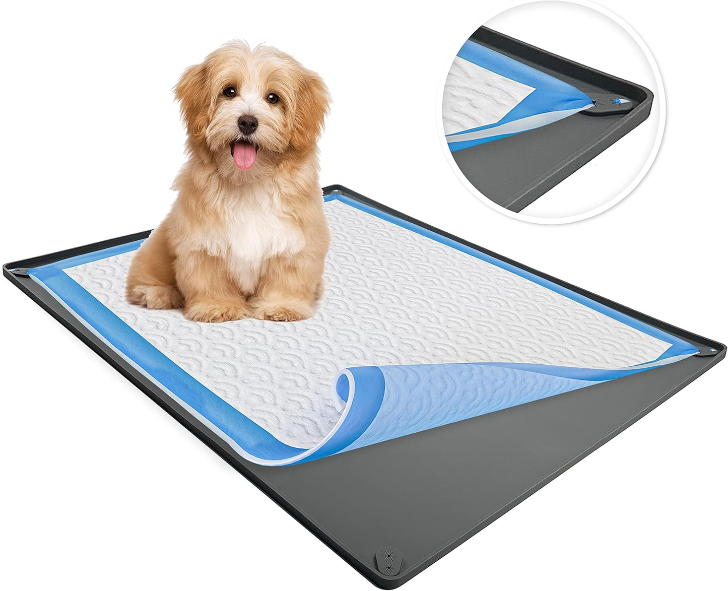 TidyFriend Dog Pee Pad Holder Tray Fits for 24” x 36” Pee Pads with Corner Lock Holes, Raised Edges, Non-Spill, Easy to Clean Silicone Dog Potty Tray Holder, for Indoor Floor Protection (Grey)
