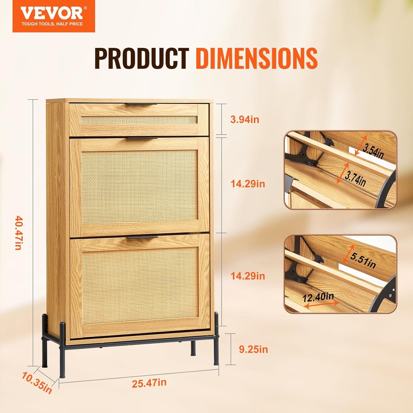 VEVOR Rattan Shoe Cabinet, Narrow Shoe Storage Organizer with 2 Flip Rattan Drawers & 1 Slide Drawer, Metal Legs, Slim Shoe Entryway Cabinet Ideal for Entryway, Closet, Hallway, Light Wood Color