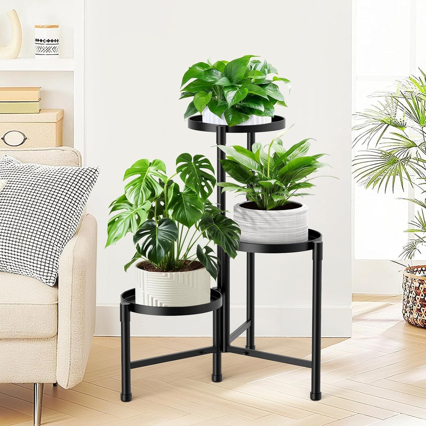 3 Tier Corner Plant Stand Indoor Outdoor, Metal Plant Shelf with 10 Inch Wide Tray,Flower Pot Display Holder Iron Rack Organizer Stand for Living Room Office Garden Patio Balcony Black