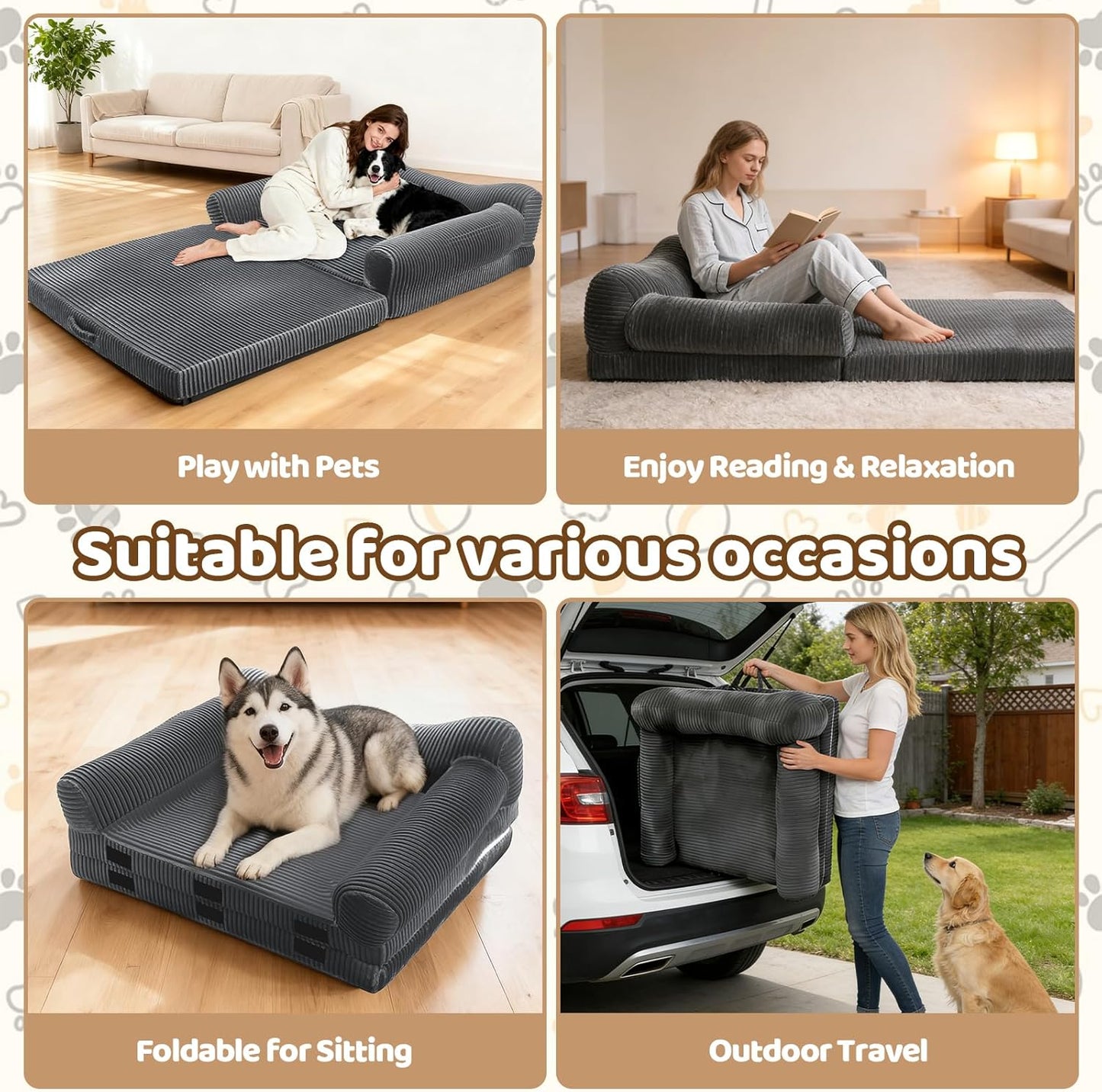 Foldable Human Dog Bed for Adult, 72"x43"x14" Giant Floor Bed for People & Pets with Orthopedic Memory Foam Sofa Bed Portable, Waterproof Machine Washable Cover, Dark Grey