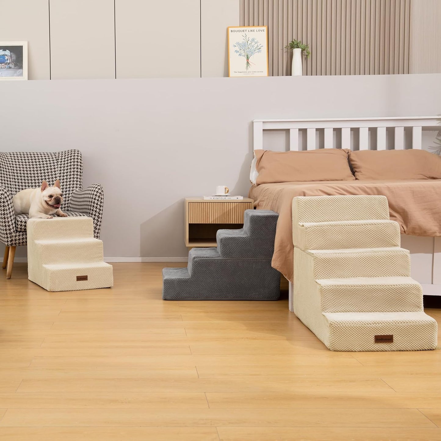 Dog Stairs for Small Dogs, 3-Step Non-Slip Pet Stairs for Couch Sofa and Chair, Dog Bed Stairs for Puppy, Older Cat,Grey,13.6" H