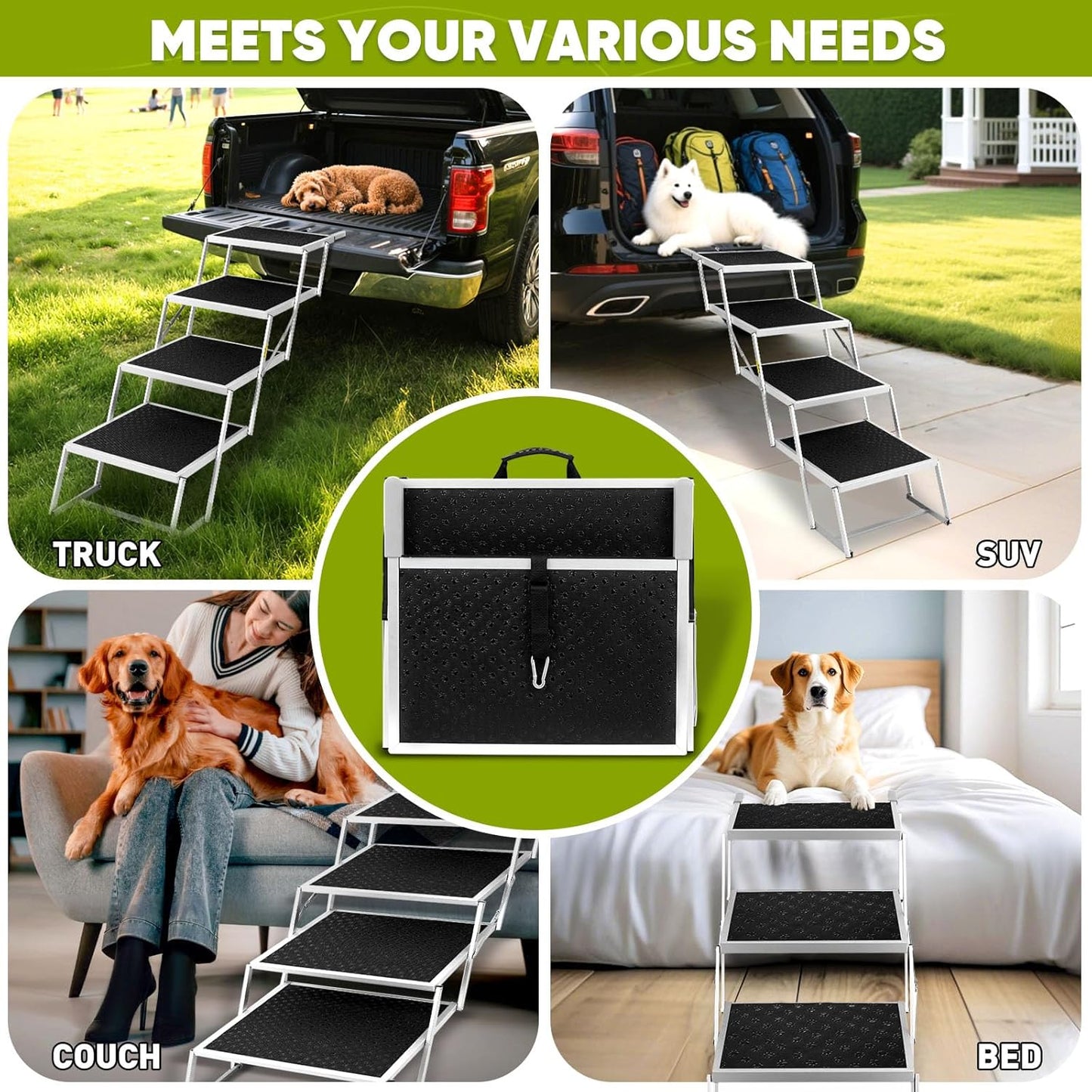 Joyrally Extra Wide Dog Stairs for Large Dogs,Foldable Dog Ramp for Car, Pet Steps Light Weight Aluminum,High Beds,for SUV Trucks, Supports up to 200 lbs (for The Trunk of The Car Only)