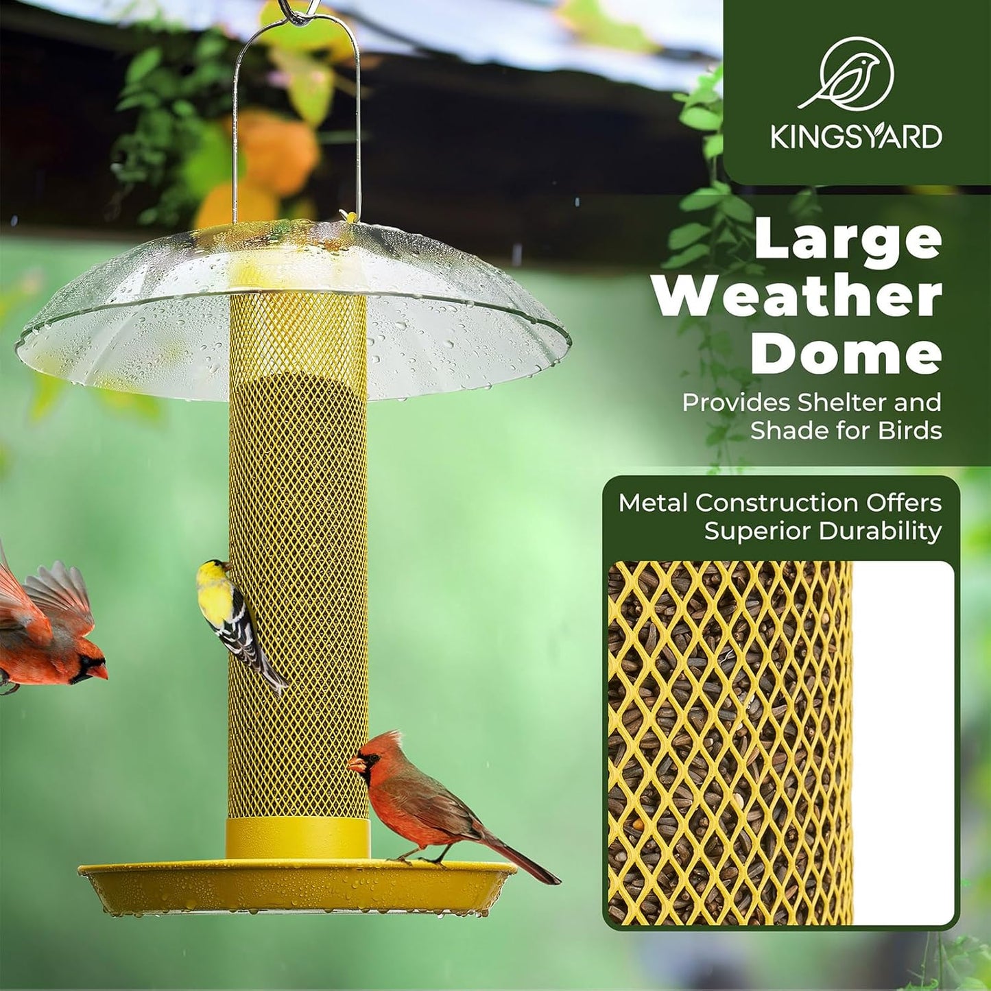 Kingsyard Finch Bird Feeder for Outdoors Hanging, Metal Mesh Tube Bird Feeders for Thistle & Nyjer Seed, Large Removable Tray & Rainproof Dome, 2.5 lbs Seed Capacity, Yellow