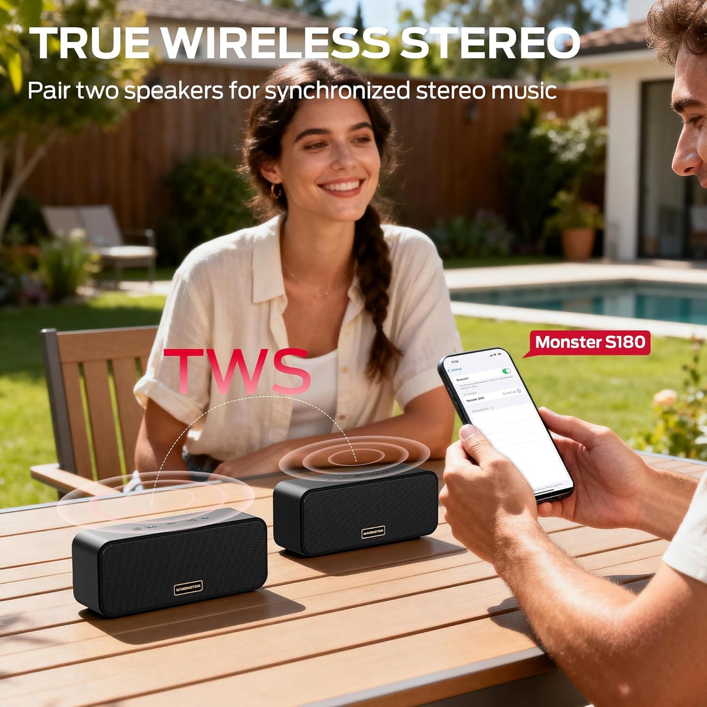 Monster S180 Bluetooth Speaker, 40W Wireless Speaker with 28H Playtime, Stereo Sound, Bluetooth 6.0, Support AUX, TF, Wireless Stereo Pairing, IPX6 Waterproof Speaker for Home, Outdoor