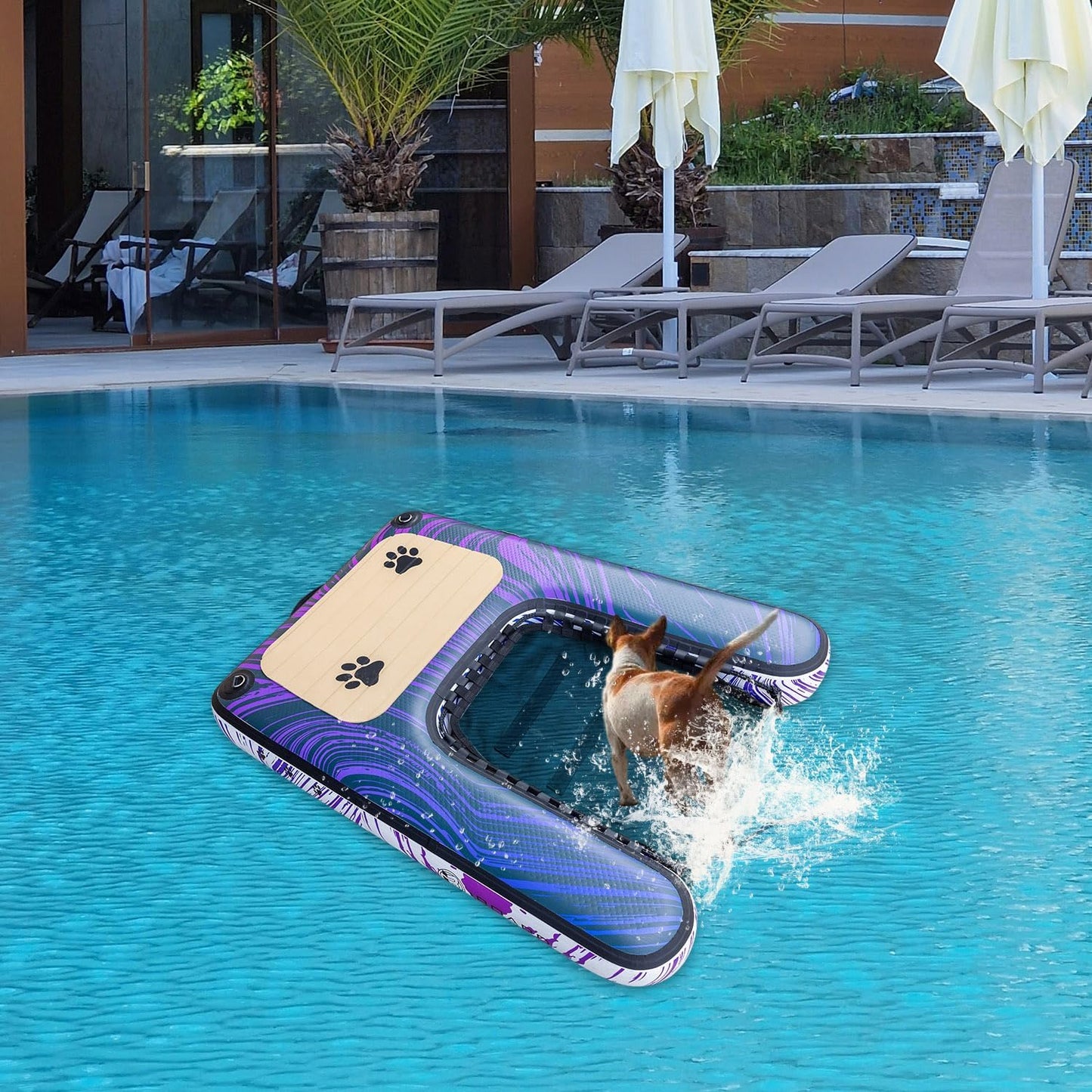 Dog Ramp & Pool Float - Portable Pet Ramp for Boats, Docks, and Pools - Non-Slip Ramp for Small, Medium, and Large Dogs - Lightweight & Foldable - Purple and Blue Wave Pattern - PVC Material