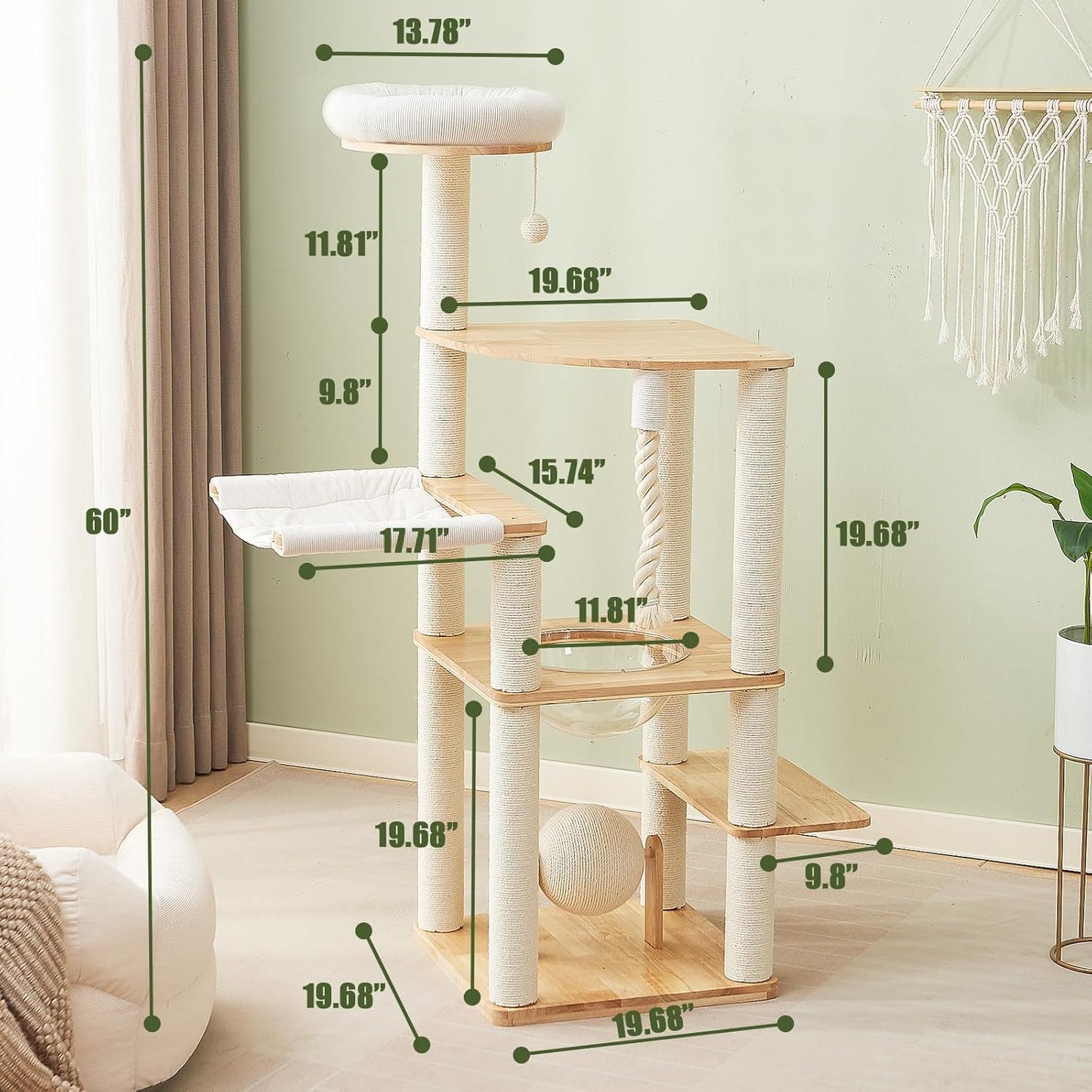 60-inch Modern Cat Tree,Solid Wood Cat Tower with Scratching Post, Hammock, Cotton Nest, Space Capsule, Cat Scratching Ball and Rope for Indoor Cats
