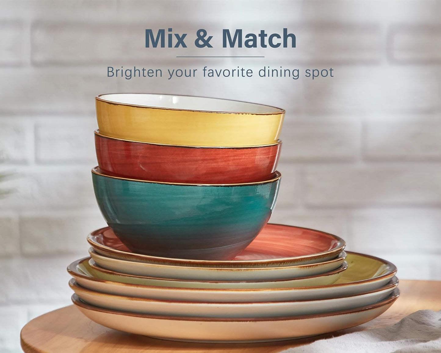 ONEMORE Plates and Bowls Set 12 Pcs,Stoneware Dinnerware Sets for 4 Microwavable,Oven & Dishwasher Safe Porcelain,Scratch Resistant Dishes Set