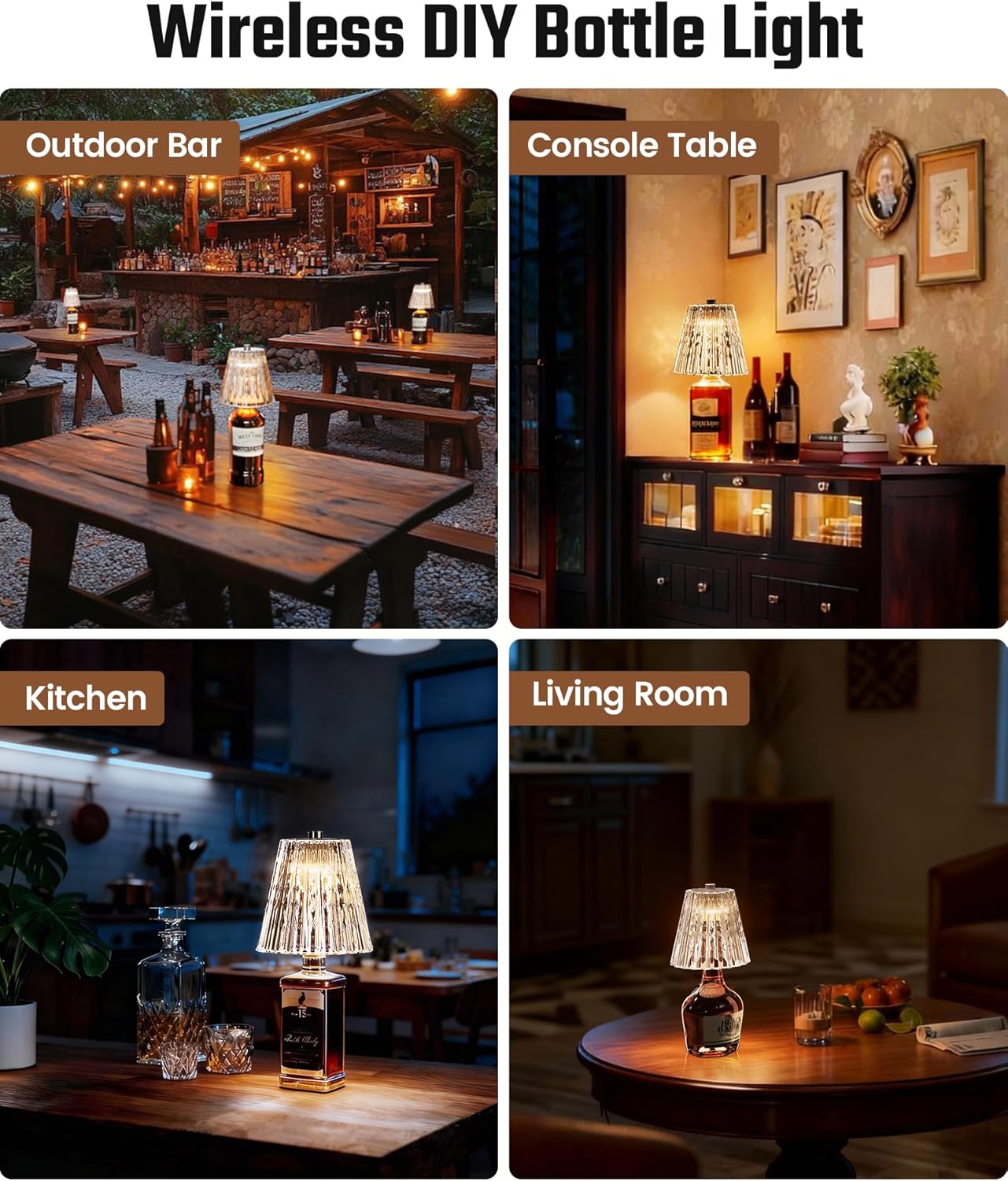 Wireless Bottle Lamp USB Rechargeable with Crystal Lampshade, 3-Color Touch Control Bottle Light Smooth Dimming, Wine Bottle Lamp for Bar Décor, Home, Kitchen & Party Lighting, 2-Pack