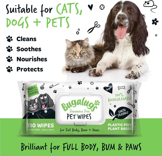 BUGALUGS Dog Wipes, 100% Plastic Free Biodegradable pet Wipes for Full Body, Eye Wipes, Ear Wipes, Bum & Paws. 110 Sensitive Dog Grooming Wipes for Dogs, Puppy & cat Grooming (Fragrance Free)