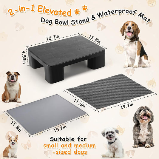 Upgraded Elevated Dog Bowl Stand and 100% Waterproof & Non-Slip Mat, Raised Bowl Stand for Small Medium Dogs, Easy-Clean Silicone Pet Food Mat- Neck Strain Relief & Protect Your Floors