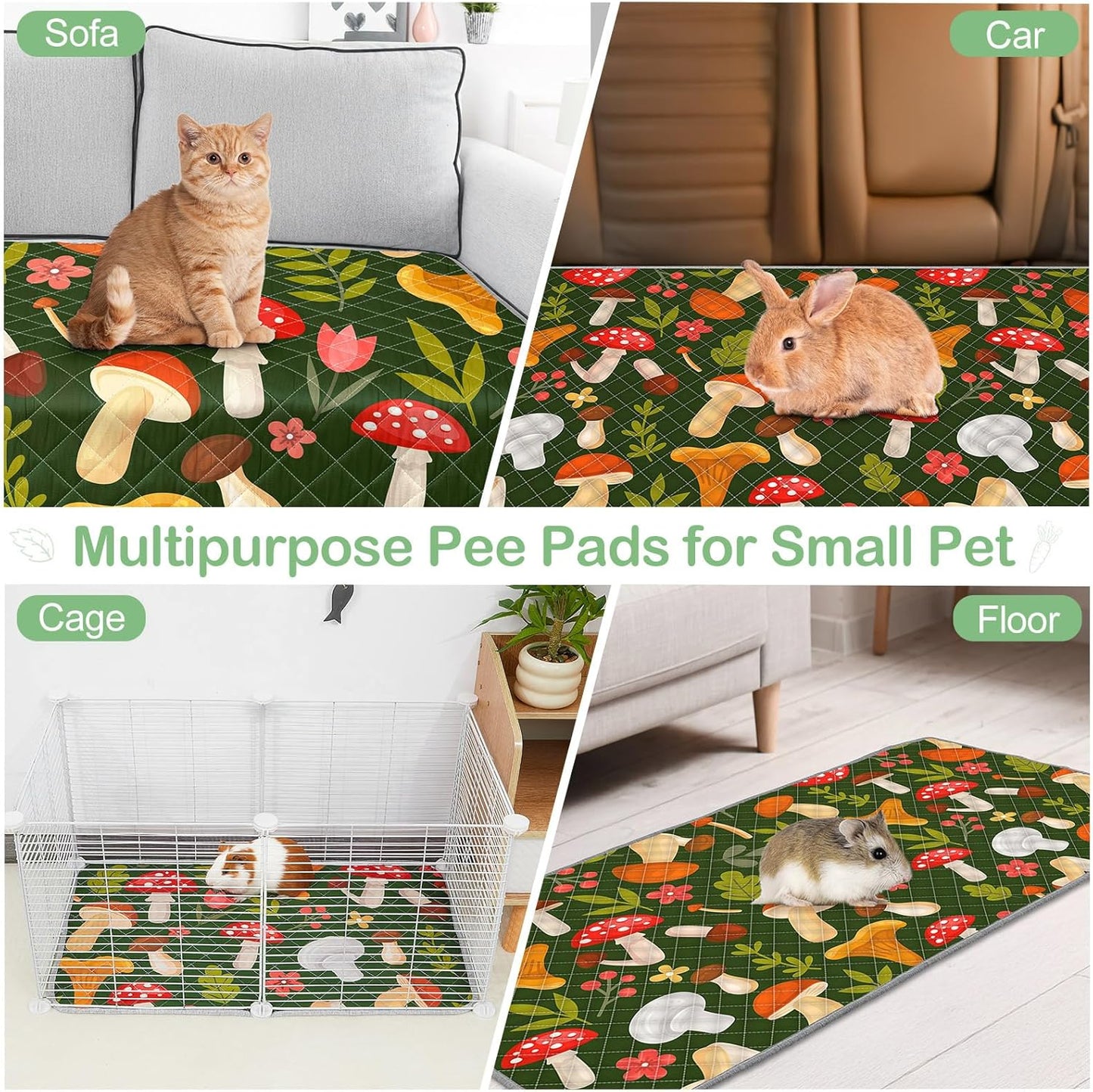 Bienbee Guinea Pig Bedding, 2 Pack 29" x 16" Reusable Guinea Pig Cage Liner Waterproof and Absorbent Small Animal Bedding Washable Guinea Pig Pee Pads for Small Pet Hamster Rabbit Squirrel, Mushroom