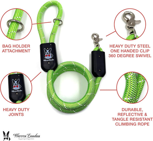 Warren London Climbing Rope Dog Leash – 5 ft Reflective Forest-Green Rope w/Comfort Grip & Locking Clip | Heavy-Duty Lead for Hiking, Camping & Daily Walks