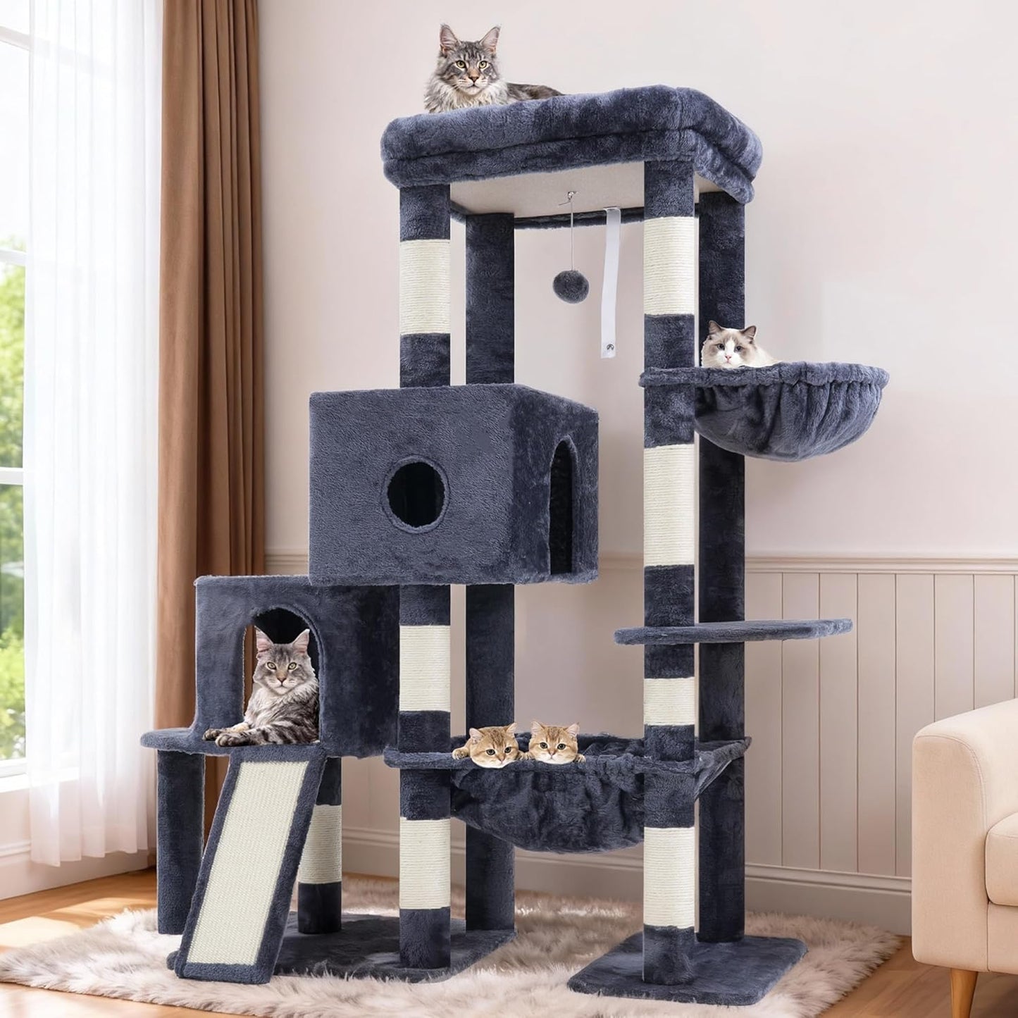 Hey-brother Cat Tree Tower, Scratching Posts with Big Platform, 2 Condos, Spacious Hammock, Cozy Basket, Sisal Board for Indoor Large Adults, 50 Inches Progressive Climbing House, Smoky Gray MPJ071G