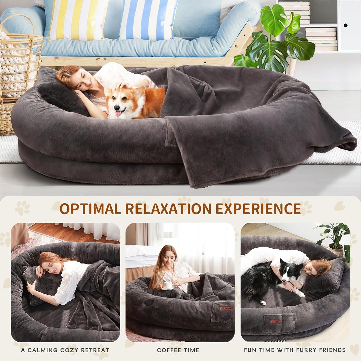 Human Dog Bed for Adults, 73"x56"x12" Washable Orthopedic Size, Faux Fur Removable, Cozy Large Present with Blanket and Pillow, Dark Grey