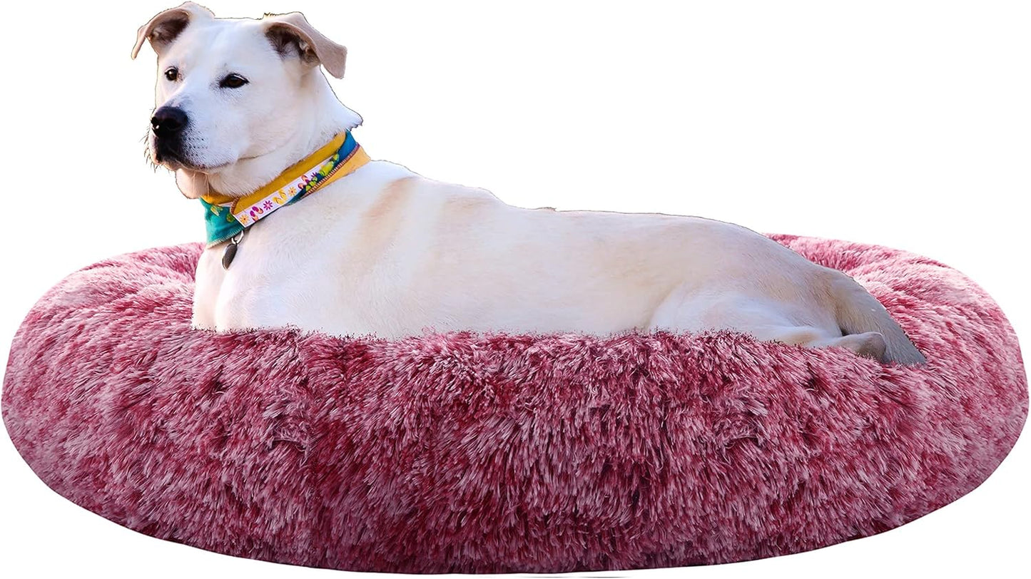 Calming Donut 강아지 침대, 114.3cm(45인치) 원형 쿠션, 탈착식 세탁 가능한 커버, 불안감 방지 인조 모피 커들러, 푹신하고 편안한 털 반려동물 침대 (핑크, 114.3cm(45인치))