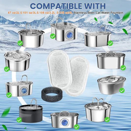 Cat Water Fountain Filters Replacement, 16 Pcs Pet Water Fountain Filter with 16 Pcs Foam Sponges for 67oz/2L & 108oz/3.2L Stainless Steel Pet Cat Water Fountain Dispenser Filters