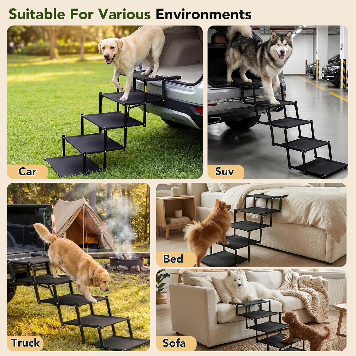 Foldable Dog Stairs for Car, SUV & Truck, 5-Step Pet Ramp with Non-Slip Surface, Portable and Lightweight Dog Steps for High Bed, Supports Up to 150 Lbs