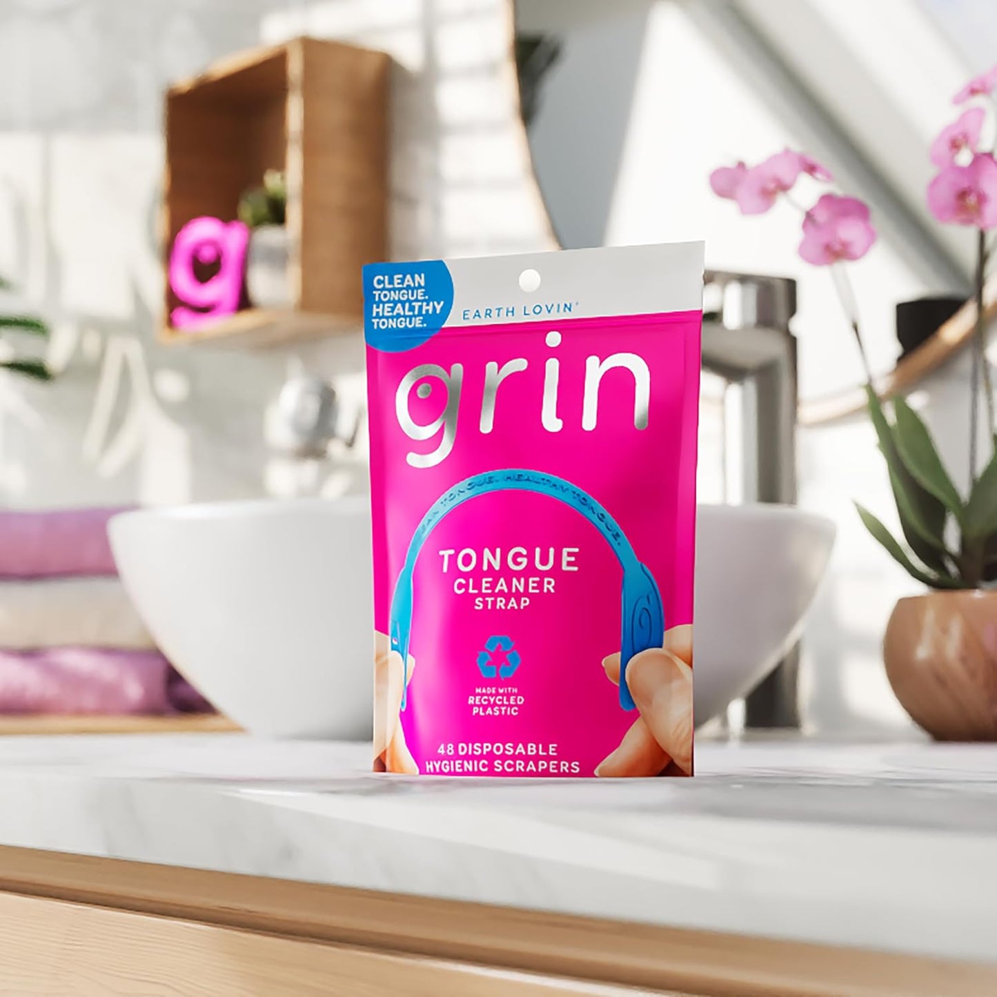 GRIN Tongue Cleaner Strap, 48 Count, Disposable Tongue Cleaner, Hygienic Dual Edge Scraper, Recycled Plastic, Clean Tongue, Healthy Tongue, Promote Fresh Breath, Includes Safe Fold- Back Tooth Pick