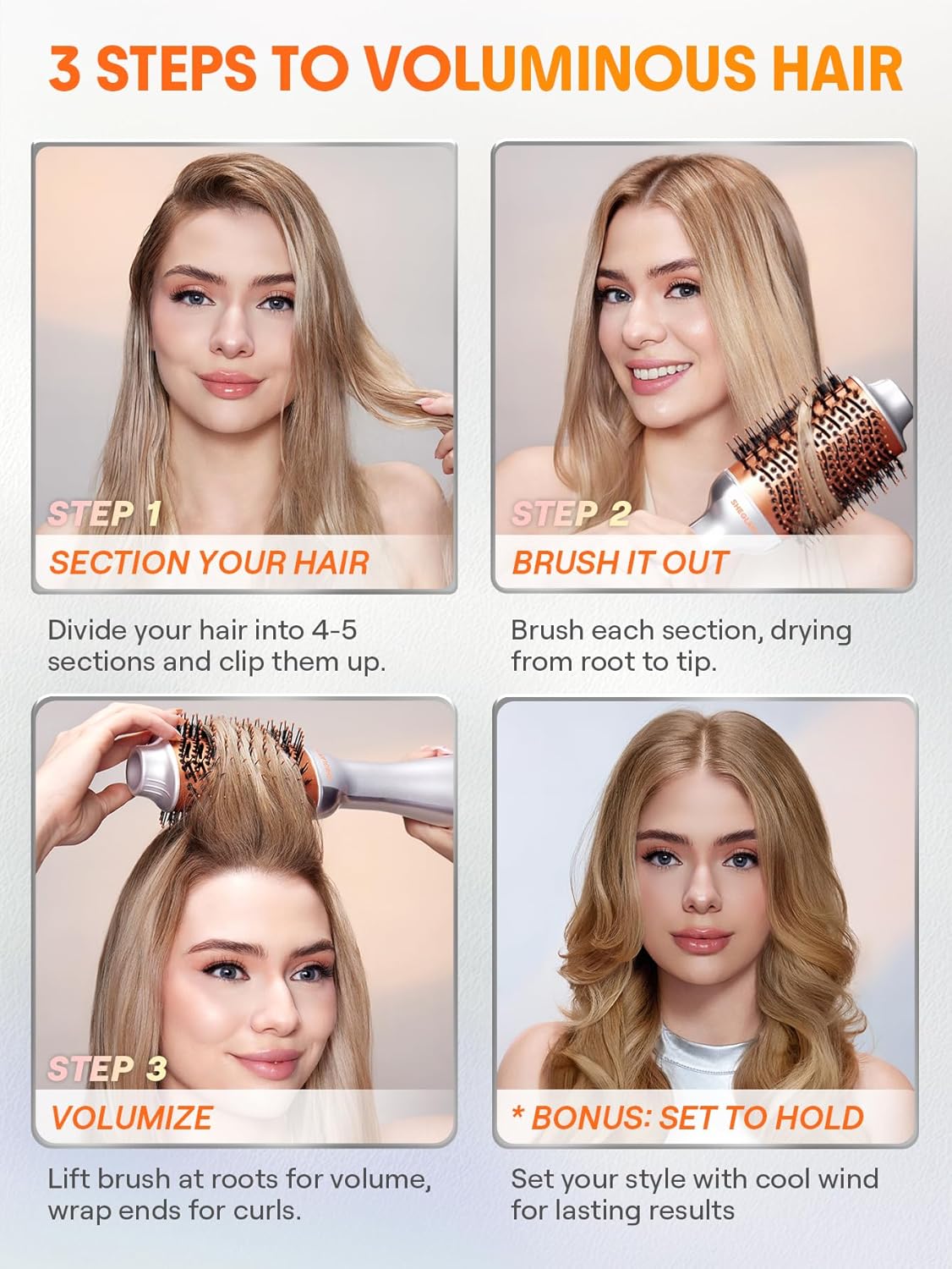SHEGLAM 4-in-1 Hot Air Brush - Hair Dryer & Styler with 33000 RPM Motor, GLOSS PRO Coating for Shine, 3 Heat Settings, Tangle-Free Ionic Bristles for Frizz-Free Blowouts (US Plug)