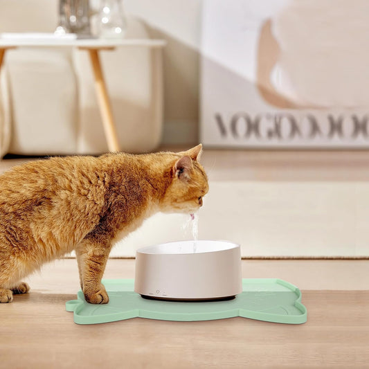 Coomazy Cat Water Fountain Mats for Floor, Waterproof Non-Slip Silicone Dog Food Mat with Raised Edge to Prevent Food Spills and Water Runoff (Cyan, Medium)