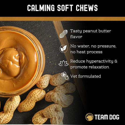 TEAM DOG Calming Chews - Anxiety Relief Treats | Natural Calming Bites with Melatonin, Chamomile, Valerian & Passion Flower | 120 Soft Chews for Large & Small Dogs | Delicious Peanut Butter Flavor