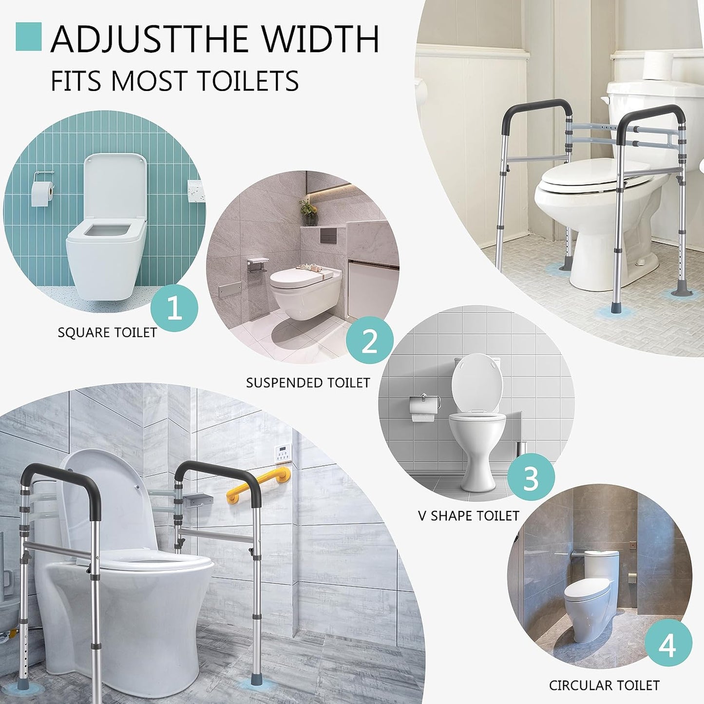 Toilet Safety Rails, Adjustable Toilet Frame for Elderly, Seniors, Handicap & Disabled, Foldable Handicap Toilet Handles Fit Any Toilets (Gray)