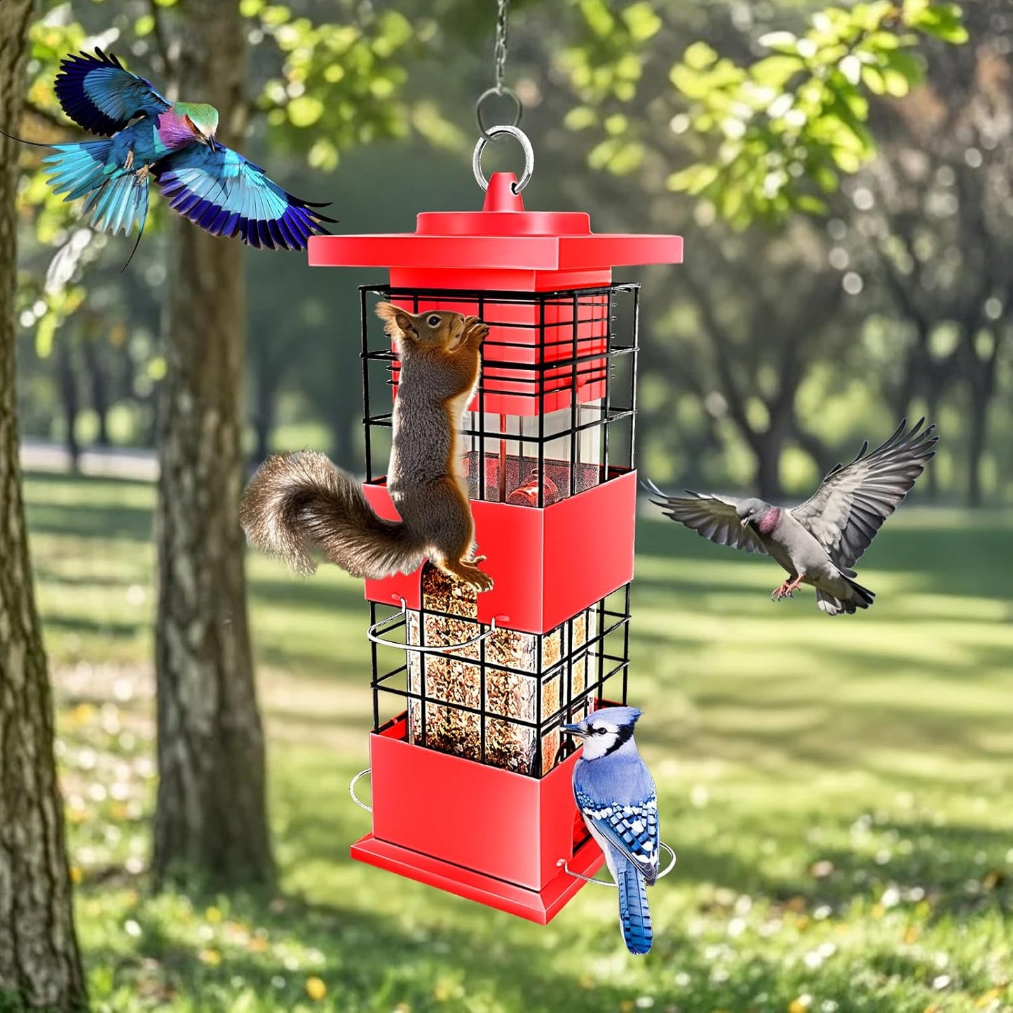 Squirrel Proof Bird Feeder,3Lbs Bird Feeders for Outdoors Hanging, Metal Birds Feeder with 4 Feeding Ports, Wild Birds Feeder for Cardinal, Finch, Sparrow (Red)