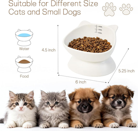 YOBRO Ceramic Elevated Tilted Cat Bowl with Scale Marks, Cute Cat Ear Pet Food or Water Bowl, Anti-Vomiting Spine Protection, Durable Feeding Dish for Kittens & Small Dogs, 21oz