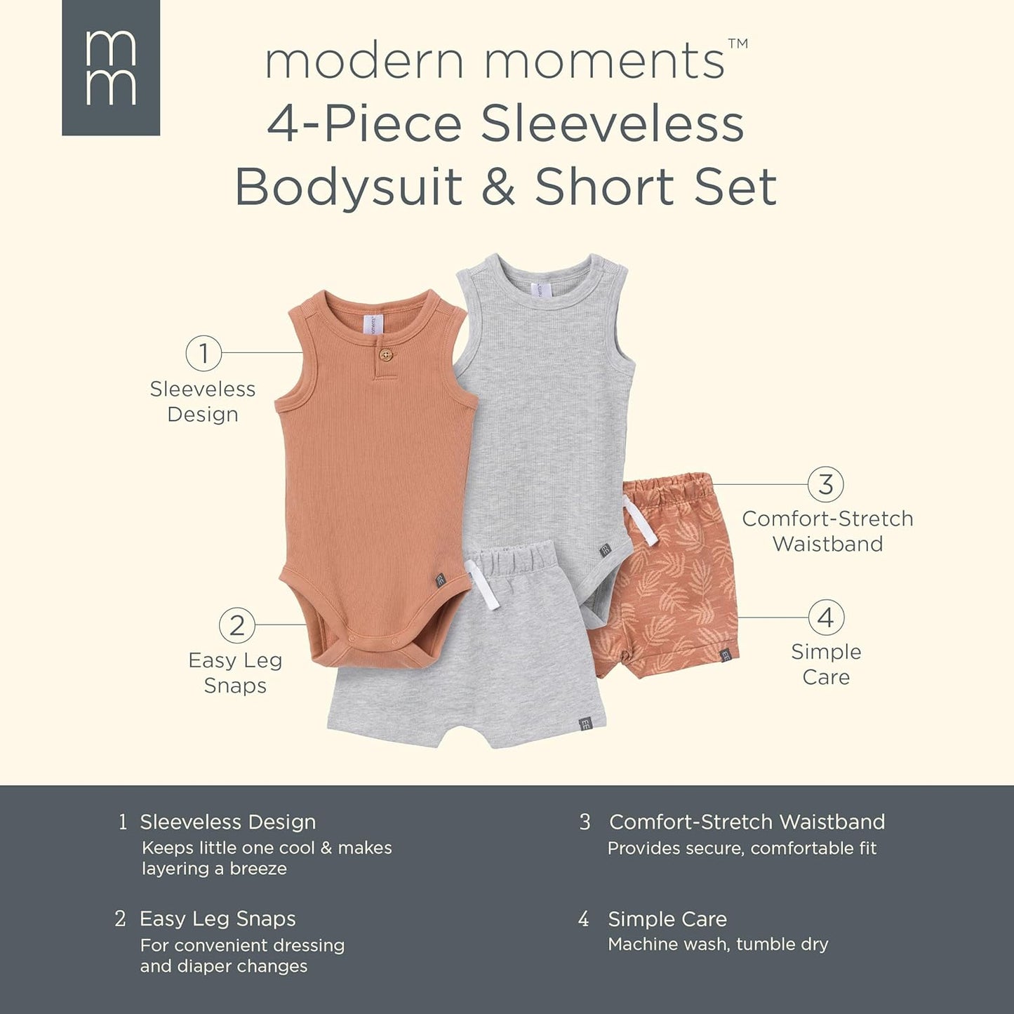 Modern Moments by Gerber Baby Boys' Ribbed 4-piece Sleevless Bodysuit & French Terry Short Set