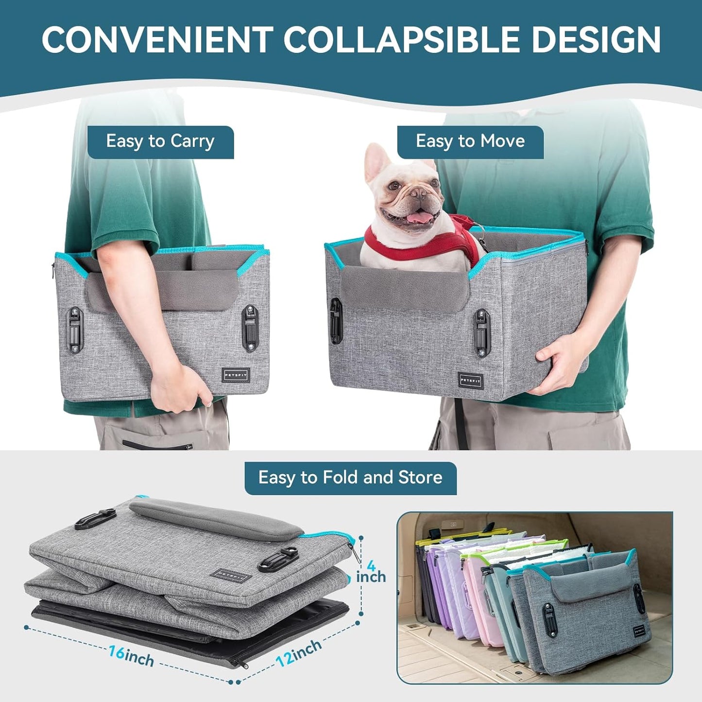 PETSFIT Dog Car Seats for Small Dogs โ Patented Safety Buckles โ Safety Tether โ Foldable Travel Dog Booster Car Seat Reduces Anxiety & Road Trips โ Stable Frame, Soft Cushion, Fits Front/Back Seat