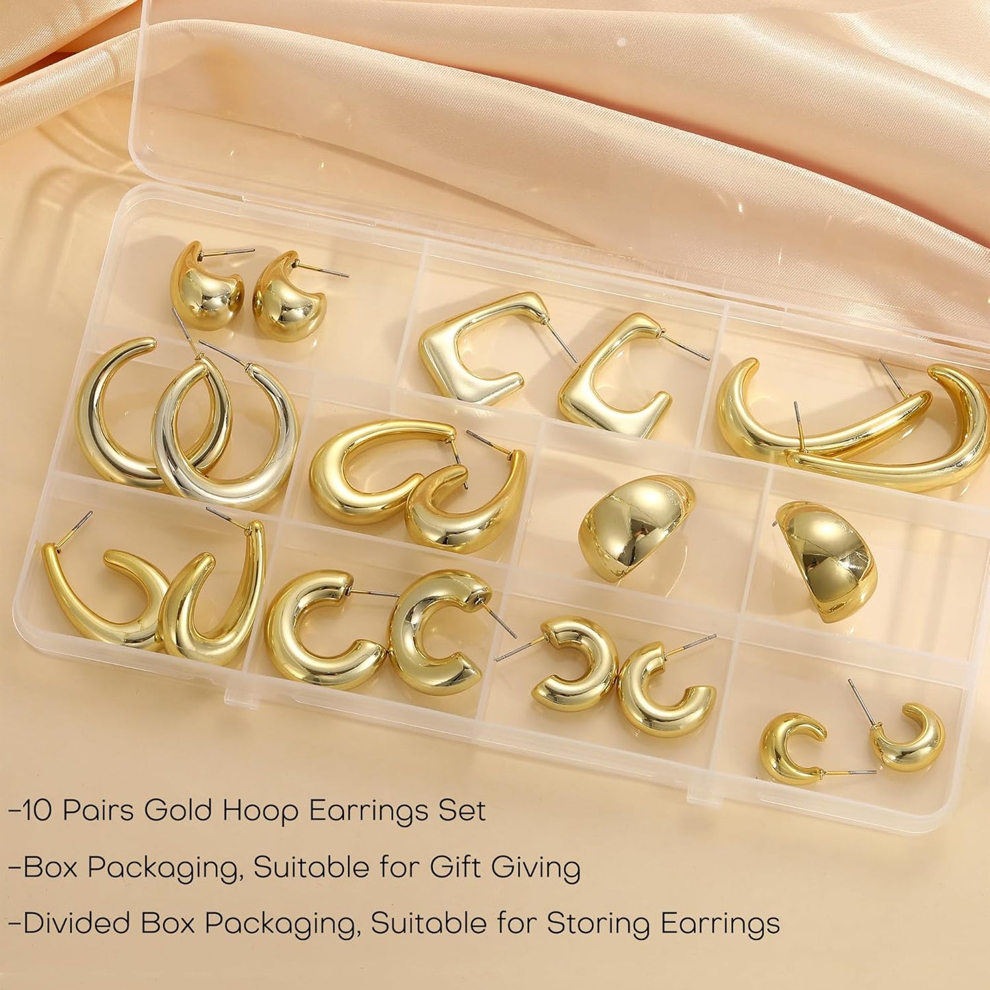 10 Pairs Chunky Gold Earrings for Women, Hypoallergenic Statement Hoops Earring for Multipack, Trendy Gold Chunky Hoop Earrings Jewelry for Gift