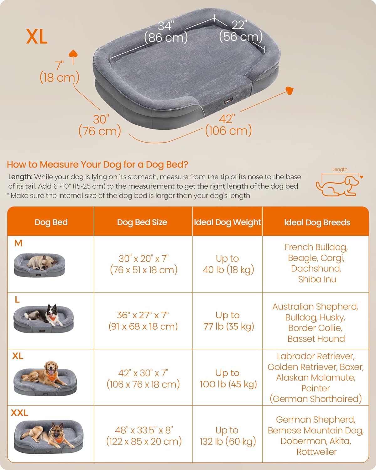 Feandrea Dog Bed, Large Orthopaedic Dog Sofa Bed, 42 x 30 x 7 Inches, Egg Crate Foam, Waterproof Liner, Raised Edges, Removable and Machine Washable Cover, Non-Slip, Light Gray UPGW283G01