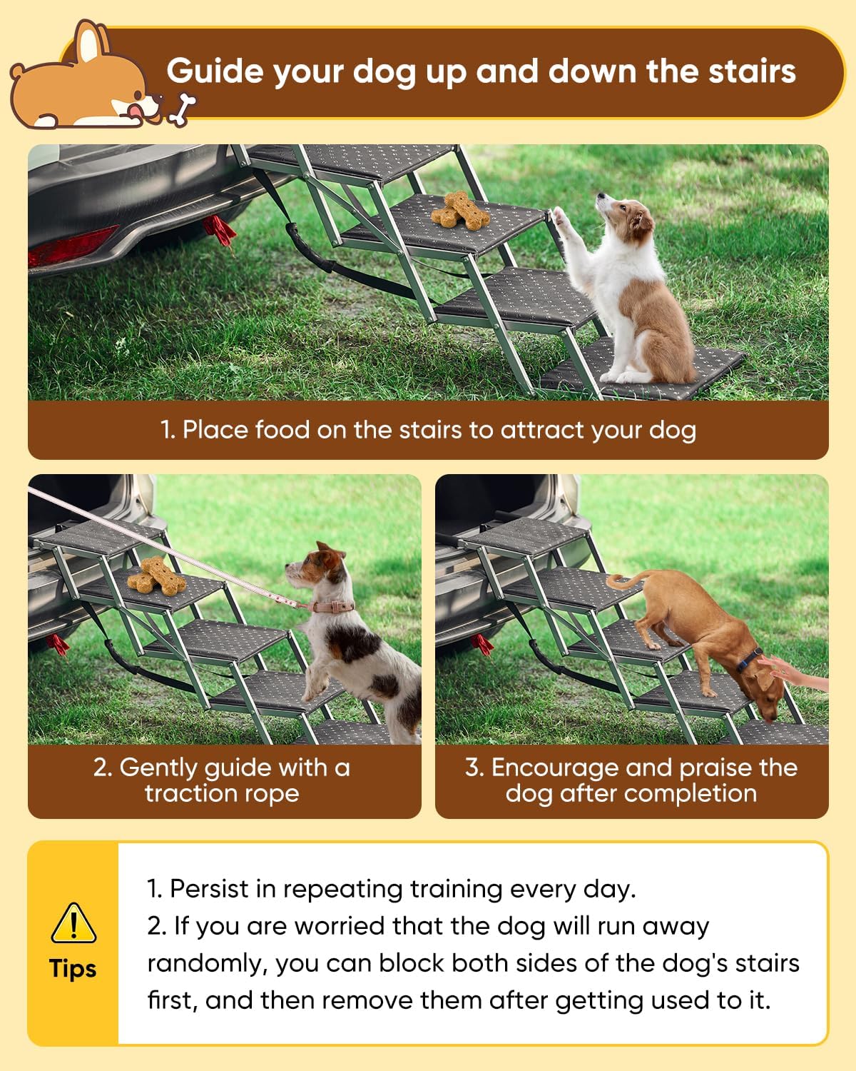 Saker Foldable Dog Ramp for Cars, SUVs, Trucks, Portable Pet Dog Stairs with Non-Slip Surface & Reinforced Design, Lightweight Yet Sturdy Supports Up to 200lbs (Extra Wide-5 Pet Steps)