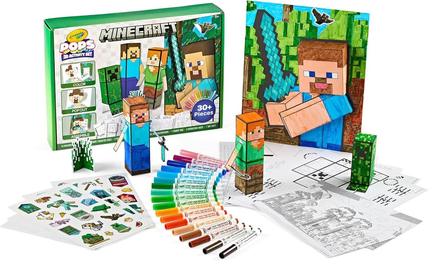 Crayola Minecraft POPs 3D Art Kit for Kids, Create 3D Characters, Coloring Activity Set with Markers & Stickers, Minecraft Toys, Gift for Boys & Girls