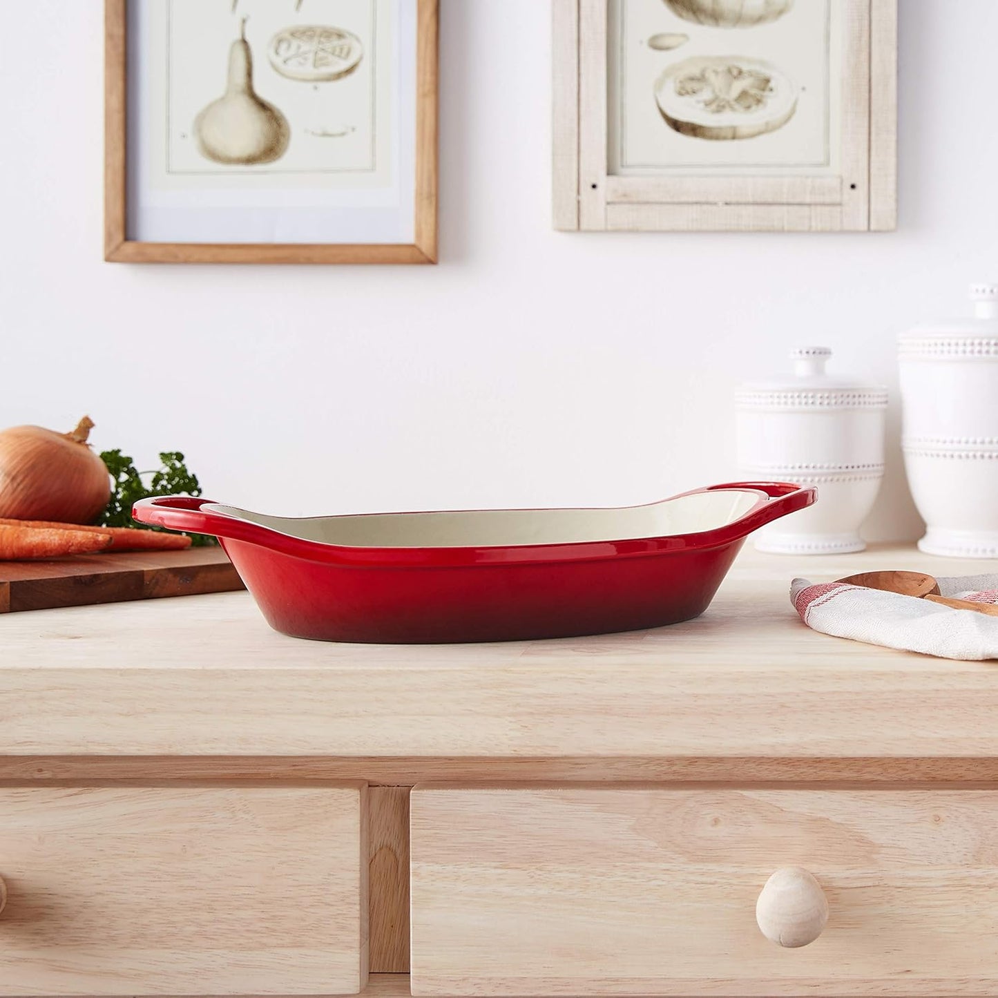 Lodge 2 Quart Enameled Cast Iron Oval Caserole – Dual Handles – Oven Safe up to 500° F or on Stovetop - Use to Marinate, Cook, Bake, Refrigerate and Serve – Red