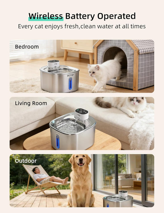 Wireless Cat Water Fountain,Stainless Steel,135 fl oz/4L Battery Powered Automatic Pet Water Dispenser, Cordless Design,Drinking Fountain for Cats, Dogs & Indoor (Cat Fountain+2 Filter)