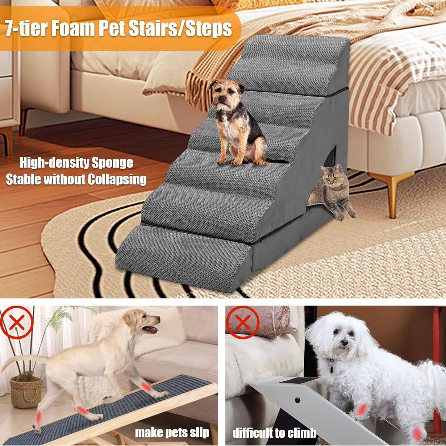 A.FATI 7 Tier Dog Stairs for High Beds, 34" H Non-Slip Foam Dog Steps, 30D Foam Doggie Ramp, 3 in 1 Pet Stair & Bed for Small/Elderly Dogs/Cats, Dark Gray