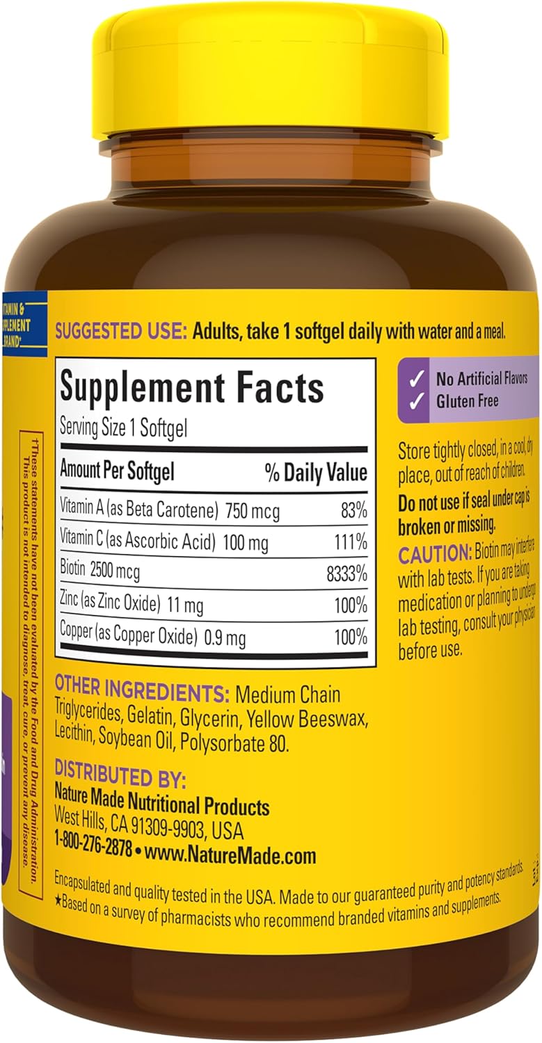Nature Made Hair Skin and Nails with Biotin 2500 mcg, Dietary Supplement For Healthy Hair Skin and Nails Support, 120 Softgels, 120 Day Supply