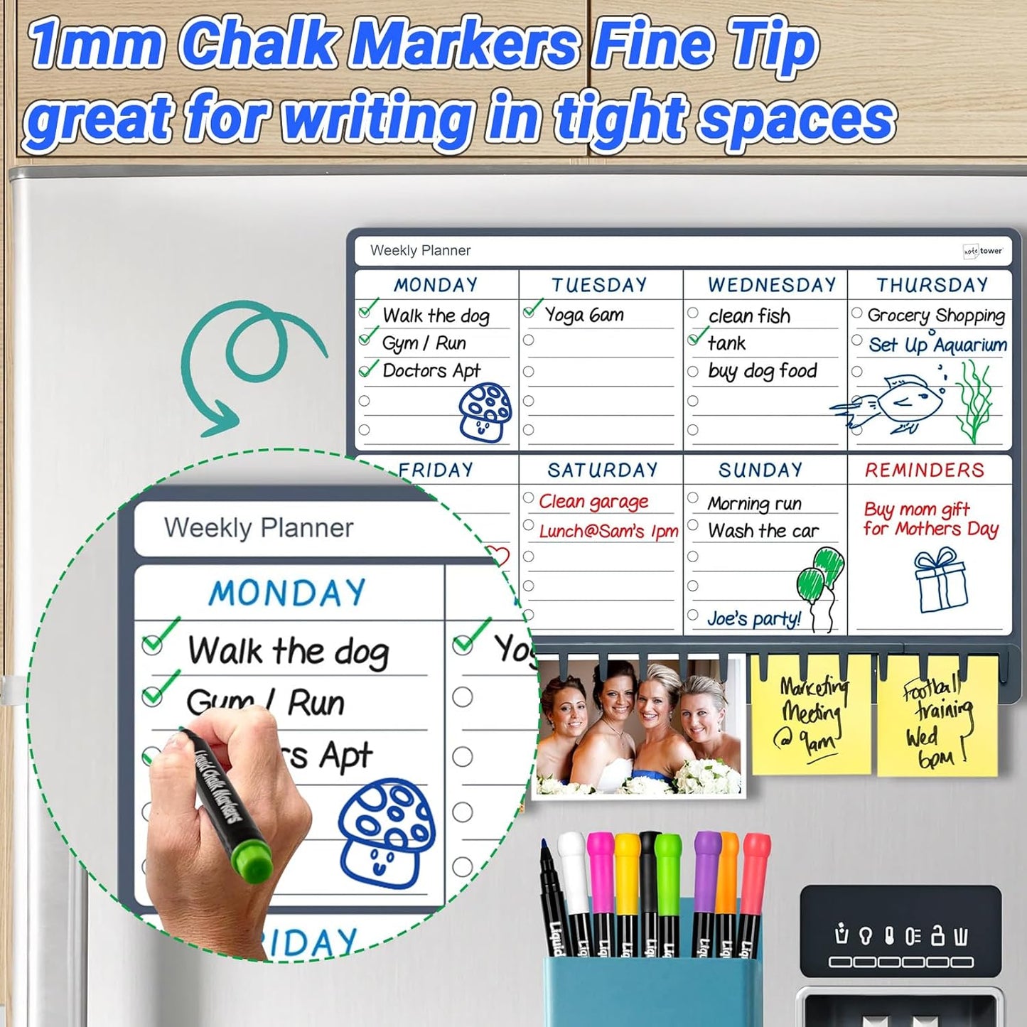 JR.WHITE Liquid Chalk Markers, 18 Pack Wet Erase Markers with 1mm Fine Tip for Acrylic Fridge Calendar, Glass Dry Erase Board, Whiteboard, Blackboard, Window, Mirror, LED Note Board & Chalkboard Signs