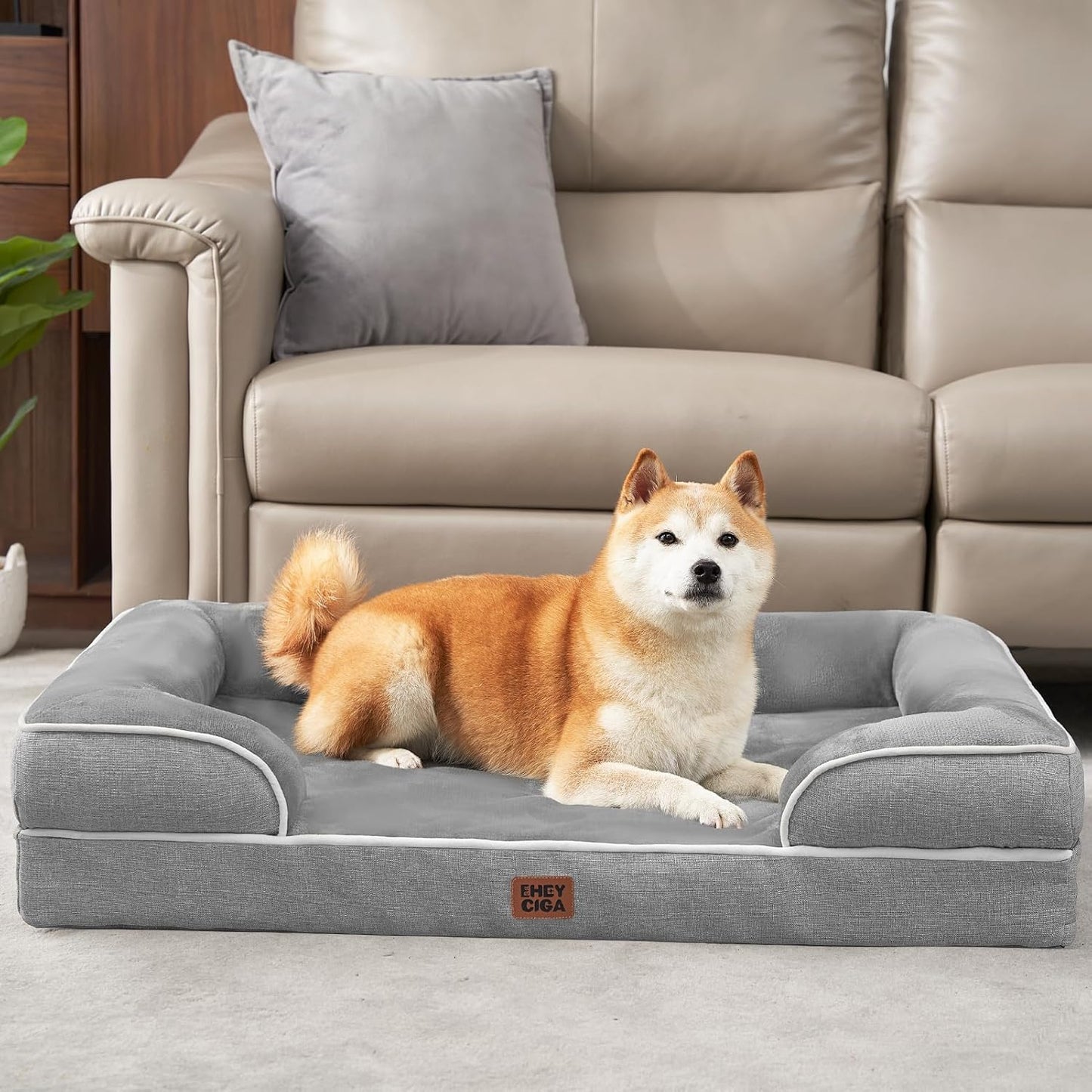 EHEYCIGA Orthopedic Dog Beds Large Sized Dog, Waterproof Memory Foam Pet Bed with Sides, Non-Slip Bottom Large Pet Bed with Washable Removable Cover, Grey