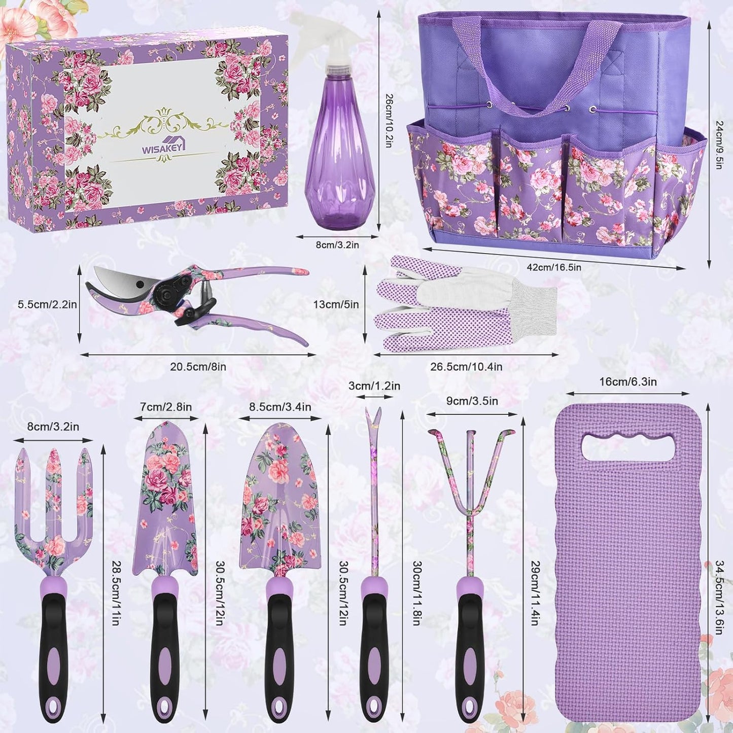 Gardening Tools, WisaKey 10 Piece Heavy Duty Purple Garden Tool Set Durable Garden Supplies Organizer Bag Garden Hand Tools Grandmother Granny Valentine's Gift for Woman