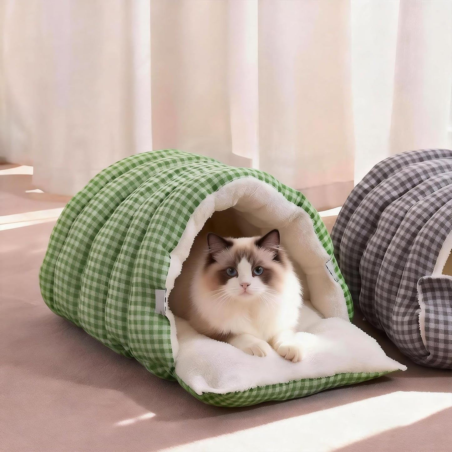 Small Cat Dog Cave Bed Calming Pet Nest Warm Plush Covered Cat House with Hooded Blanket Removable Hooded Blanket Cushion Washable Soft Calming Indoor Cat Bed(Green, Small)