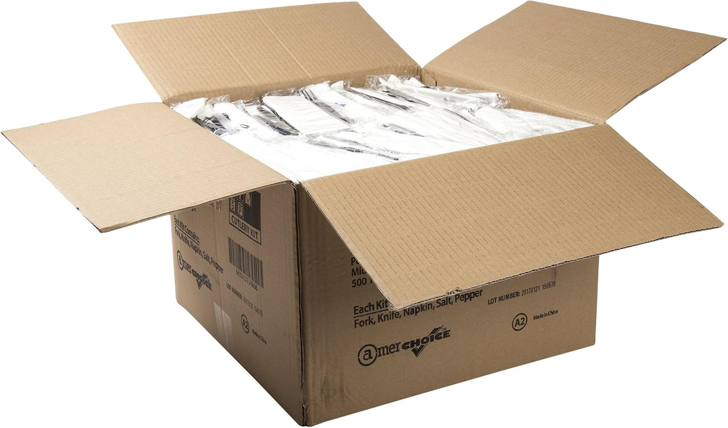 AmerCareRoyal 5-in-1 Disposable Silverware Heavy Duty Plastic Utensil Set with Fork, Knife, Salt & Pepper Packets, 13x17 inch 2-ply Napkin - Individually Wrapped Cutlery Meal Kit, Black, Case of 500