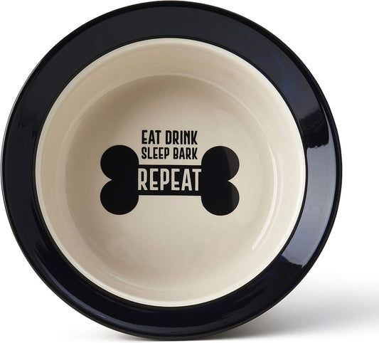 PetRageous 17001 Eat Drink Repeat Two-Tone Stoneware Dishwasher Safe Dog Bowl 4-Cup 8.18-Inch Diameter 3-Inch Tall for Medium and Large Dogs and Cats, Off-White, (Pack of 1)