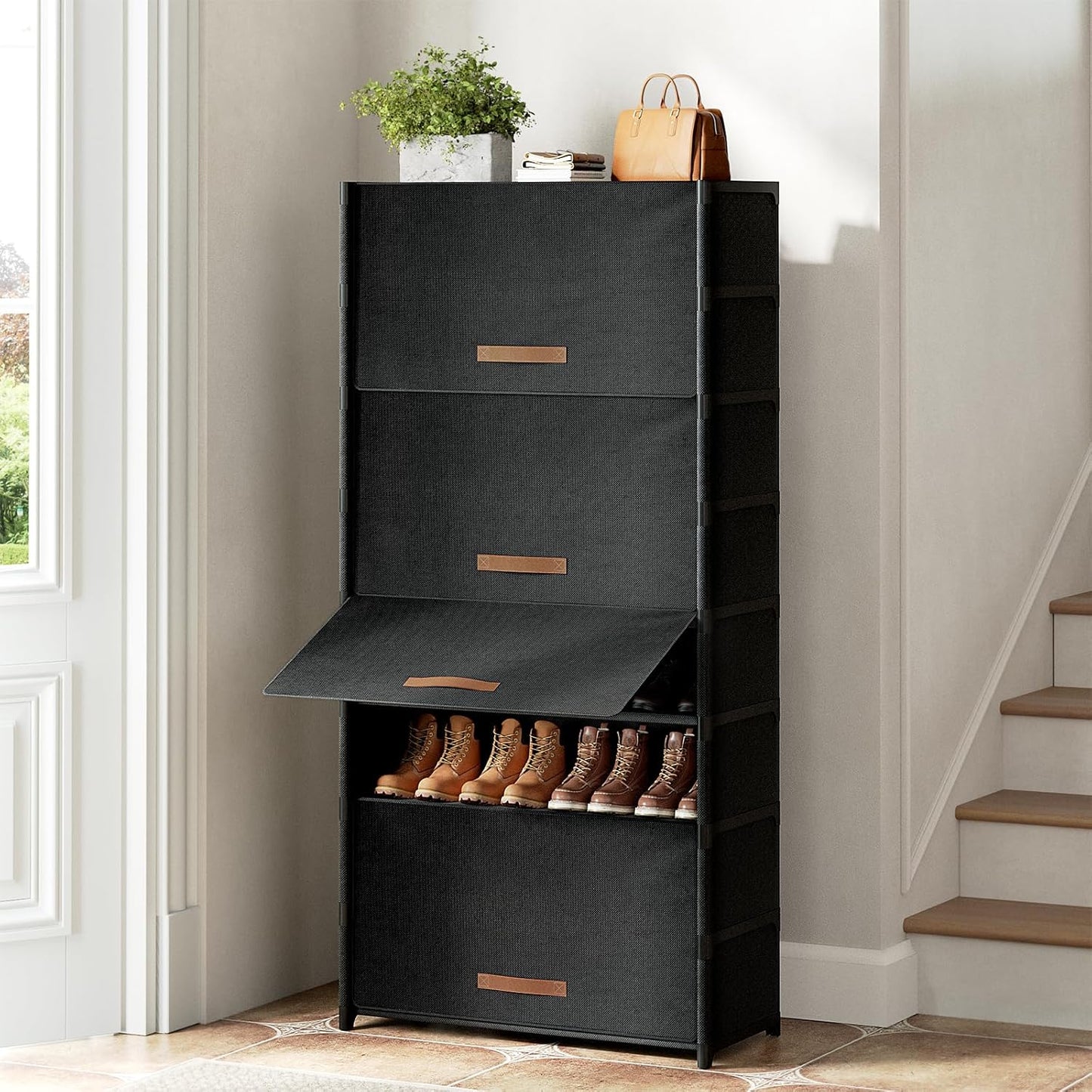 Shoe Rack, 9 Tier Shoe Storage Cabinet with Door 36 Pair Plastic Shoe Shelves Organizer for Closet, Entryway, Hallway, Bedroom, Black