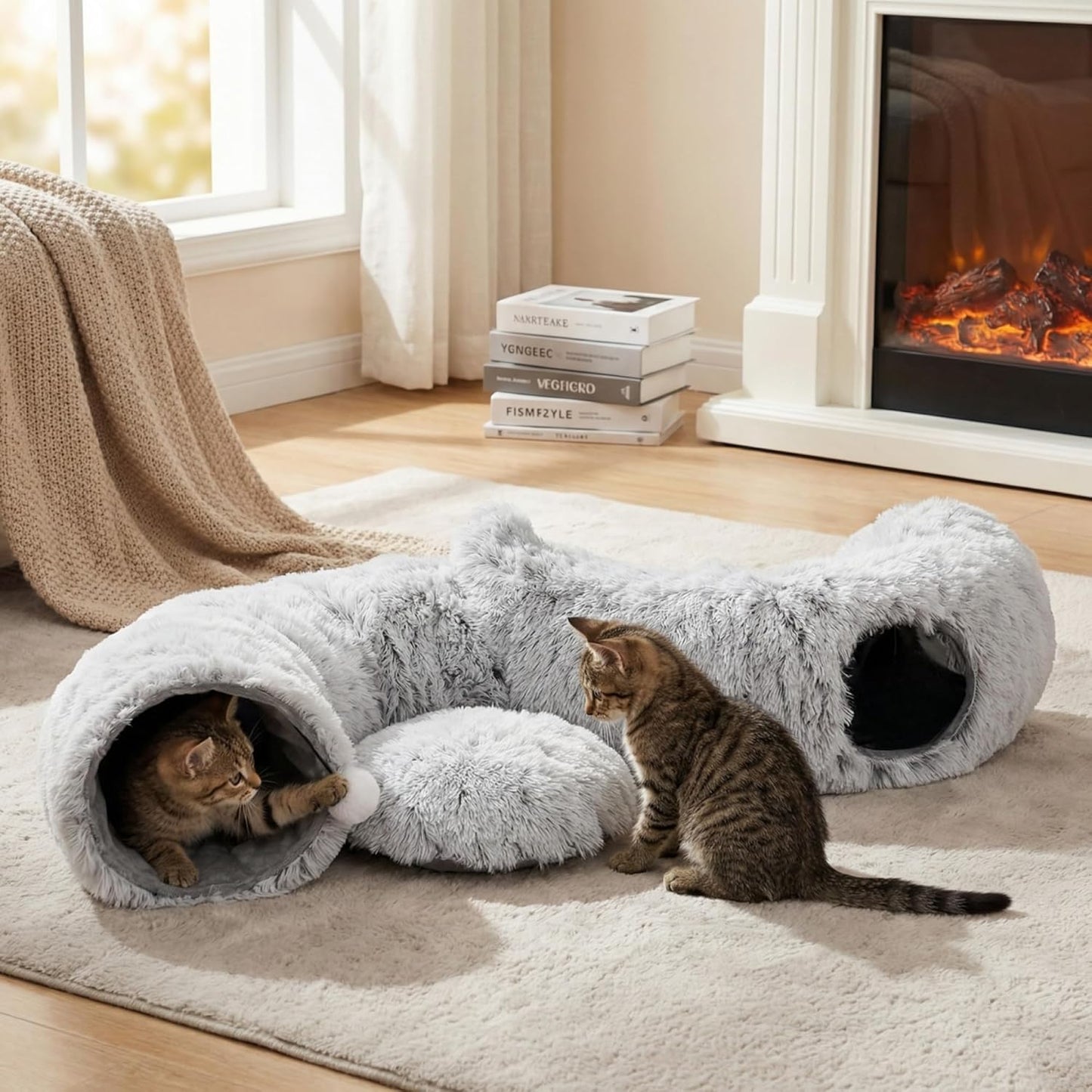 3-in-1 Cat Tunnel Bed Cave with Fun Catnip Interactive Stimulating Kitten Toys for Indoor Bored Cats - Peekaboo Hideaway & Donut Tunnel - Foldable Cute Furry Fuzzy Bed - 32"