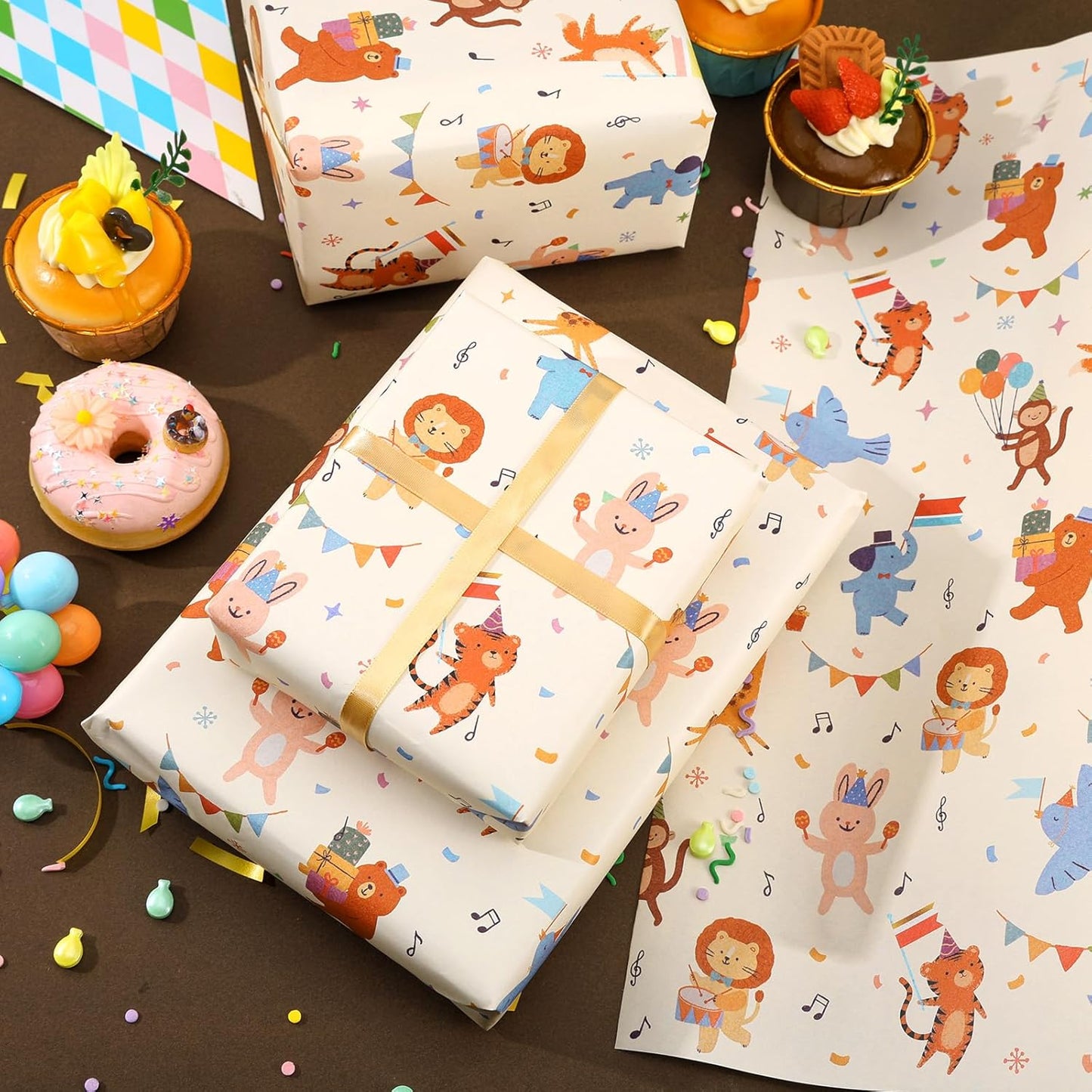 Booson Animal Parade Kids Wrapping Paper Roll -Mini Roll- 17In x 32.8Ft Cute Animal Parade Premium Gift Packing Wrap Craft Paper for Birthday Baby Shower Party Supplies